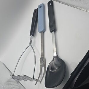 EKCO Utensil Set Masher Meat Fork Spoon Black Blue Stainless Steel Plastic
